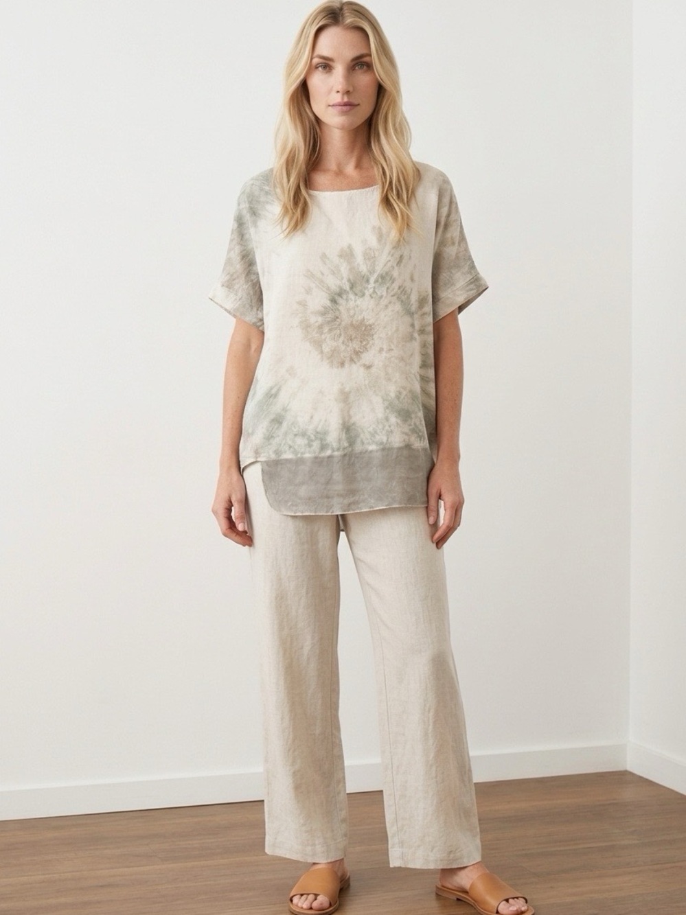 Valentina Naldi Beige Linen Tie-Dye Short Sleeve Top Size Large
